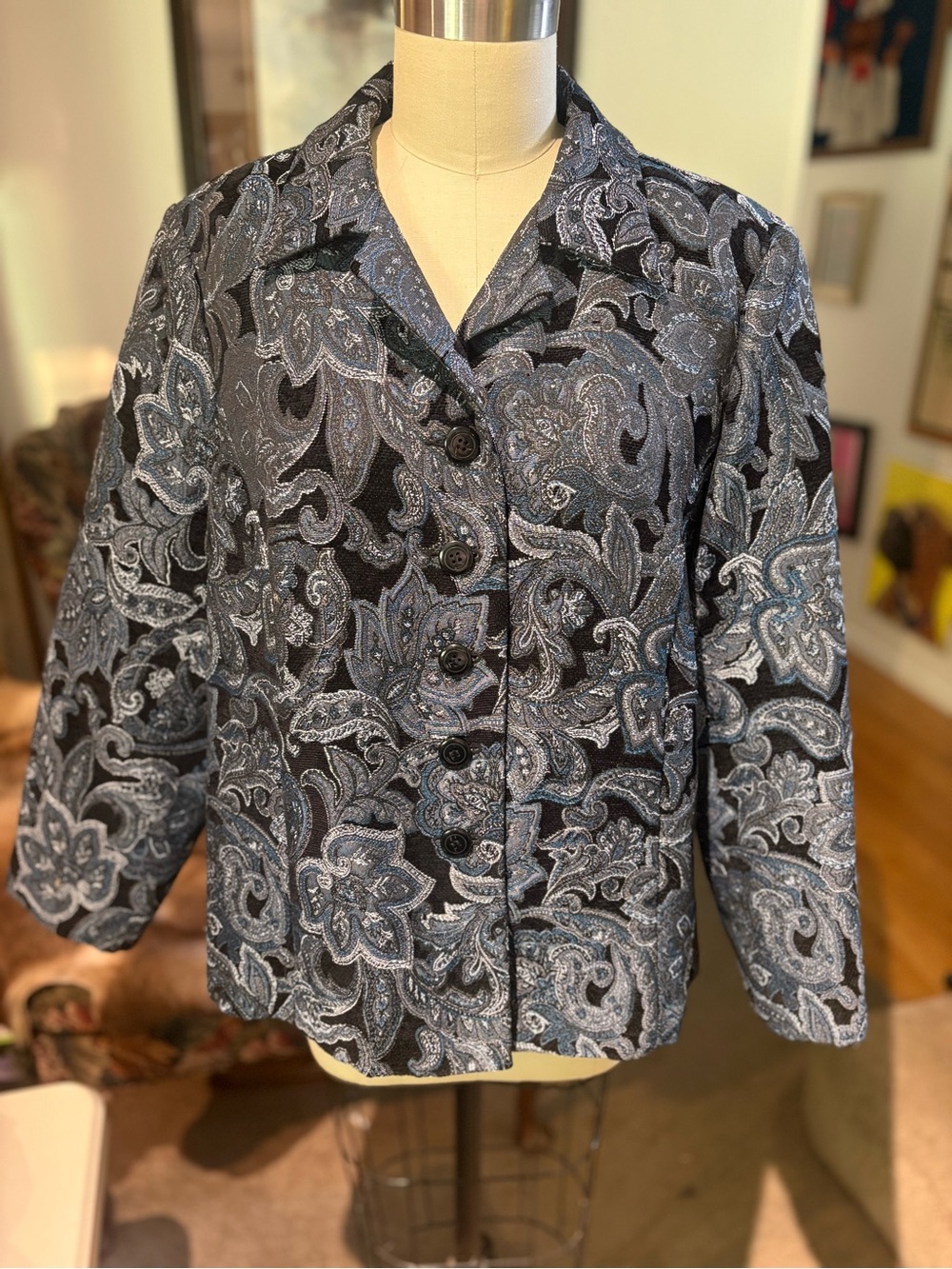 Vintage Paisley Tapestry Blazer Jacket Blue Black Silver Women’s 2X